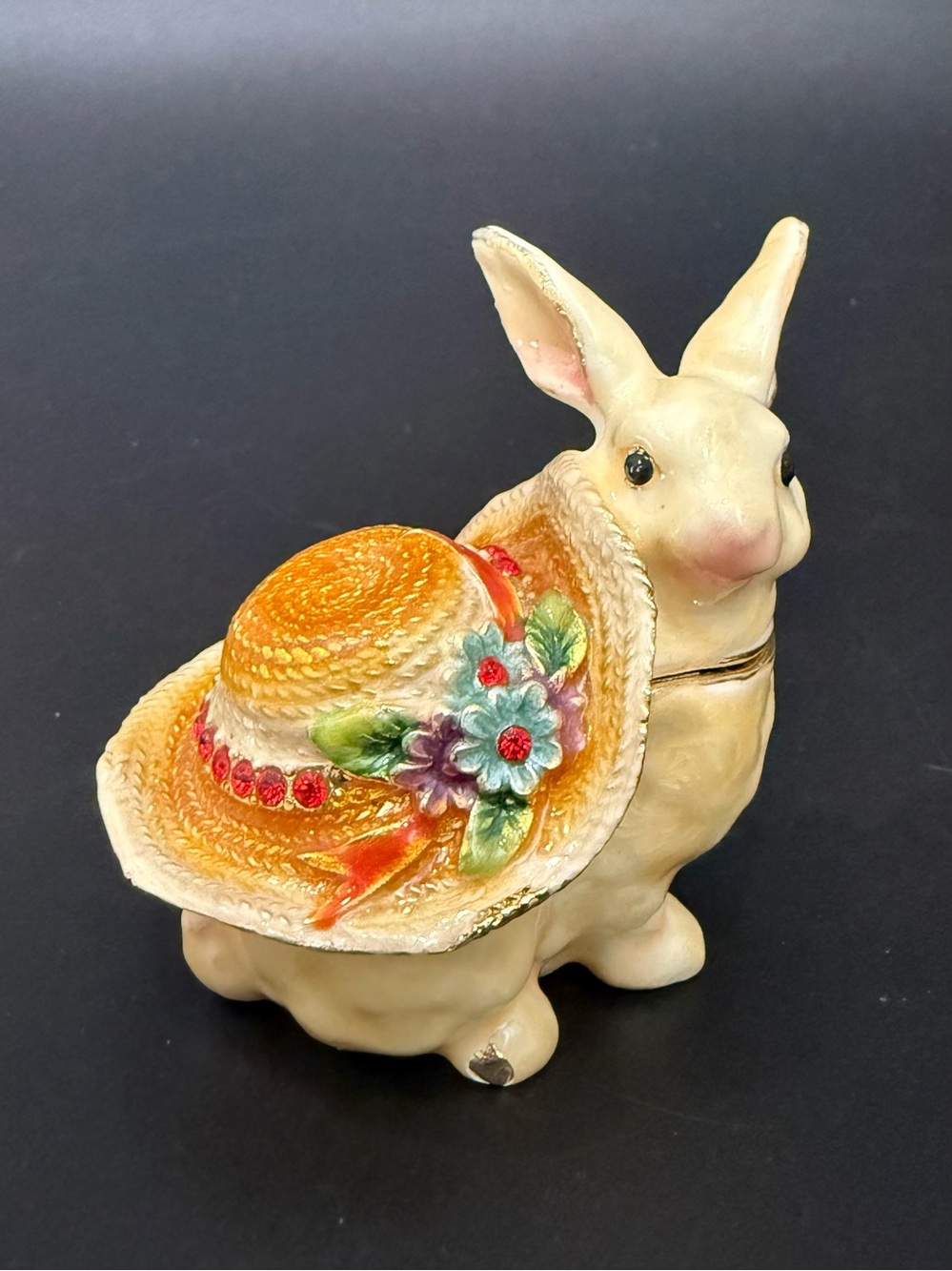 Bejeweled Enamel Easter Bunny Rabbit with Hat Hinged Trinket Box